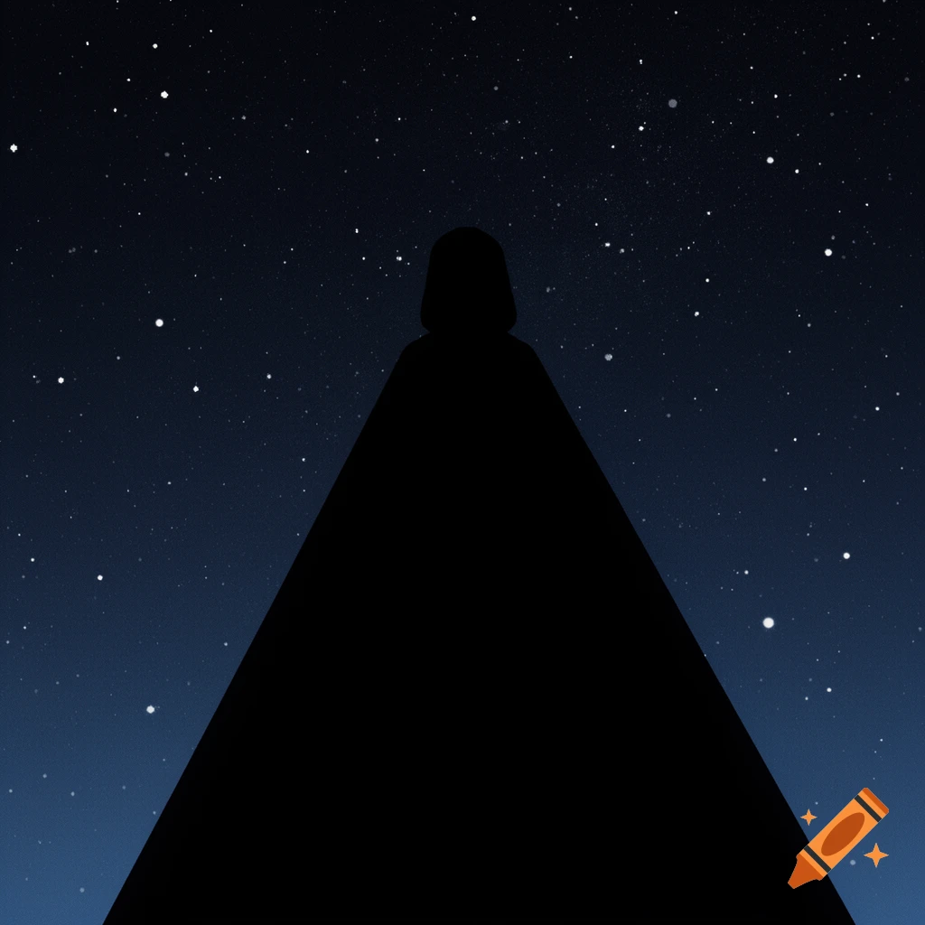 Minimalist silhouette of Darth Vader with a triangular cloak against a starry dark blue night sky.