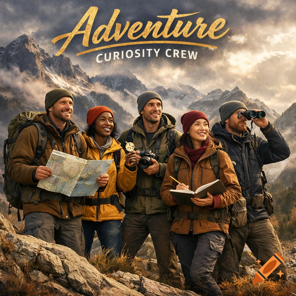 A diverse group of five hikers on a rocky mountain path, looking out over majestic mountains under a dramatic sky.