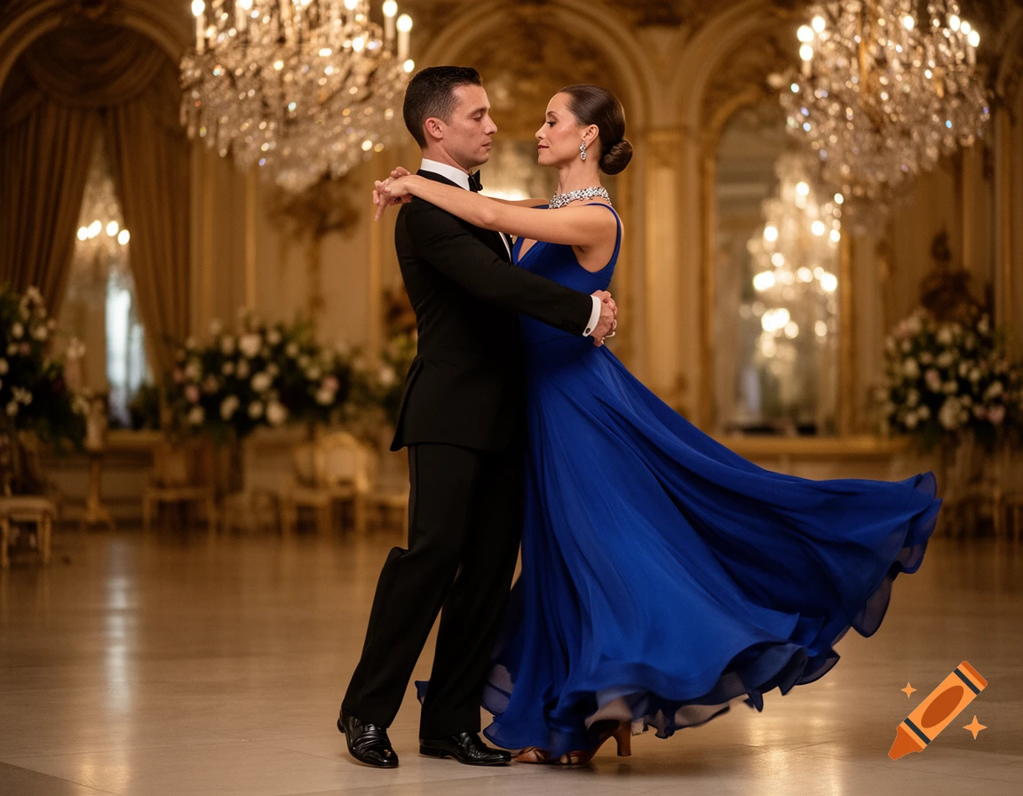 A man in a black tuxedo and a woman in a flowing blue gown ballroom dancing in an opulent hall with chandeliers.