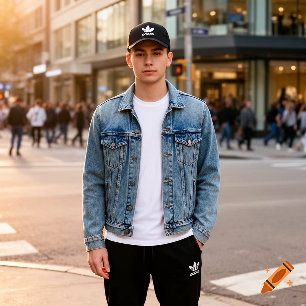 Young man in a denim jacket, white t-shirt, black Adidas cap and ...