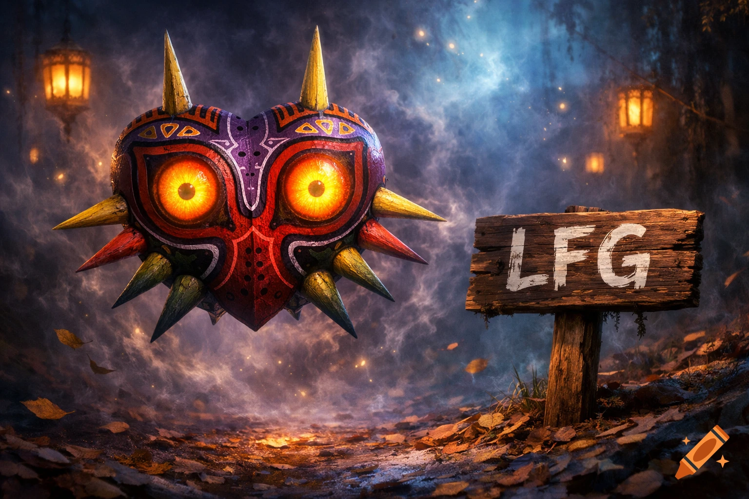 A vibrant, detailed Majora's Mask floats above a forest floor with falling leaves and glowing lanterns, next to a wooden sign reading "LFG" under a cloudy, starry sky.