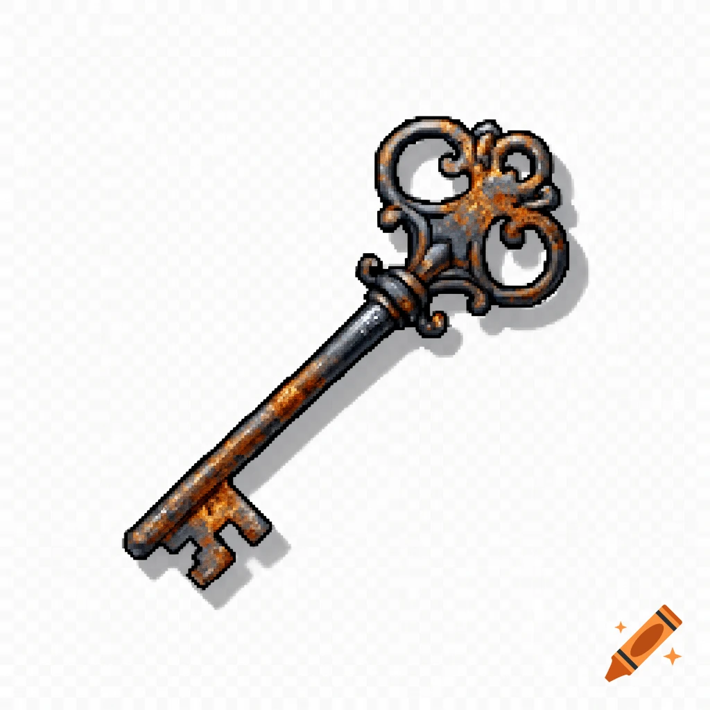 A rusty pixel art skeleton key with an ornate handle on a transparent background.