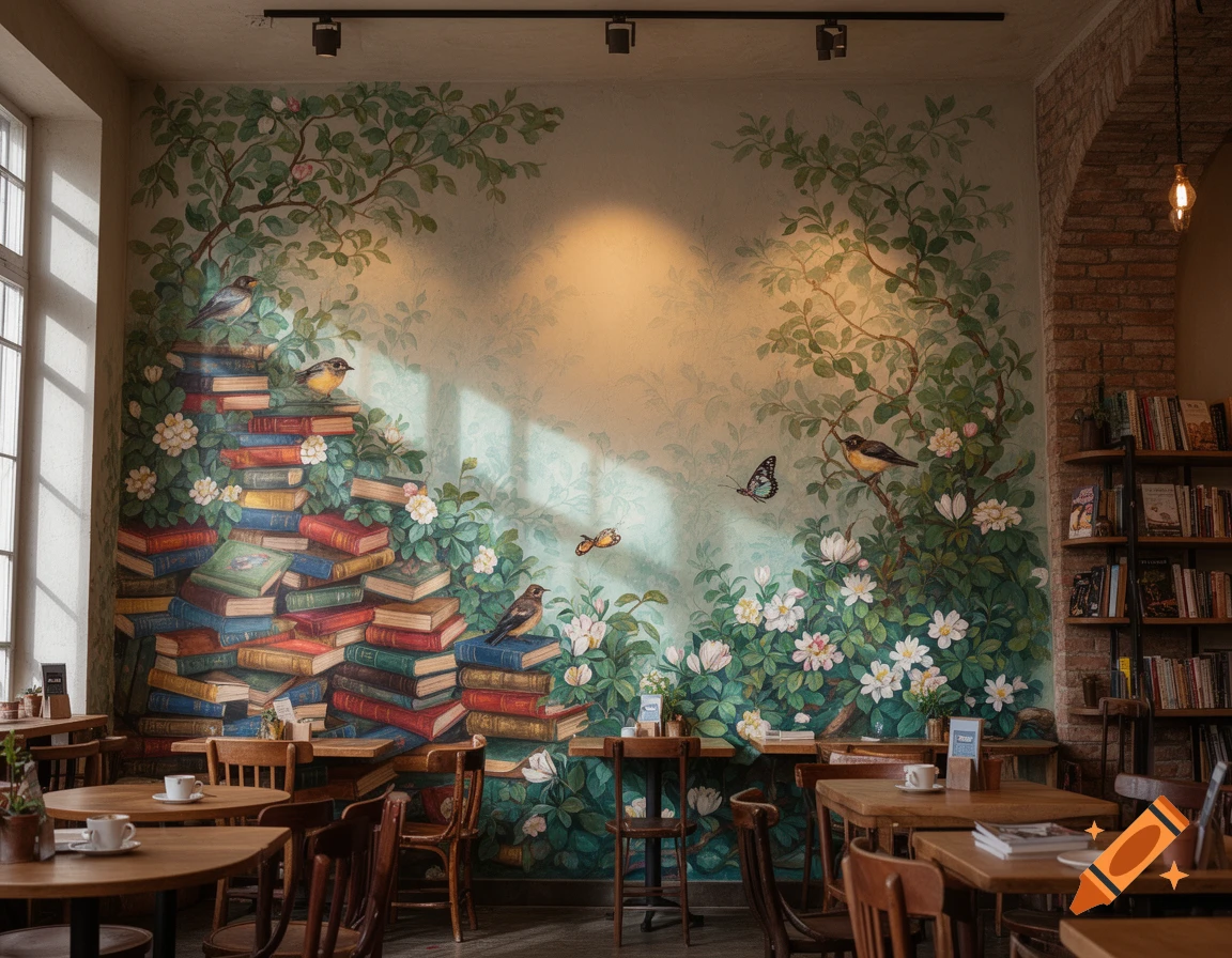 Cozy cafe interior with a large mural depicting stacked books, green foliage, birds, and butterflies. Bookshelves line a brick wall.