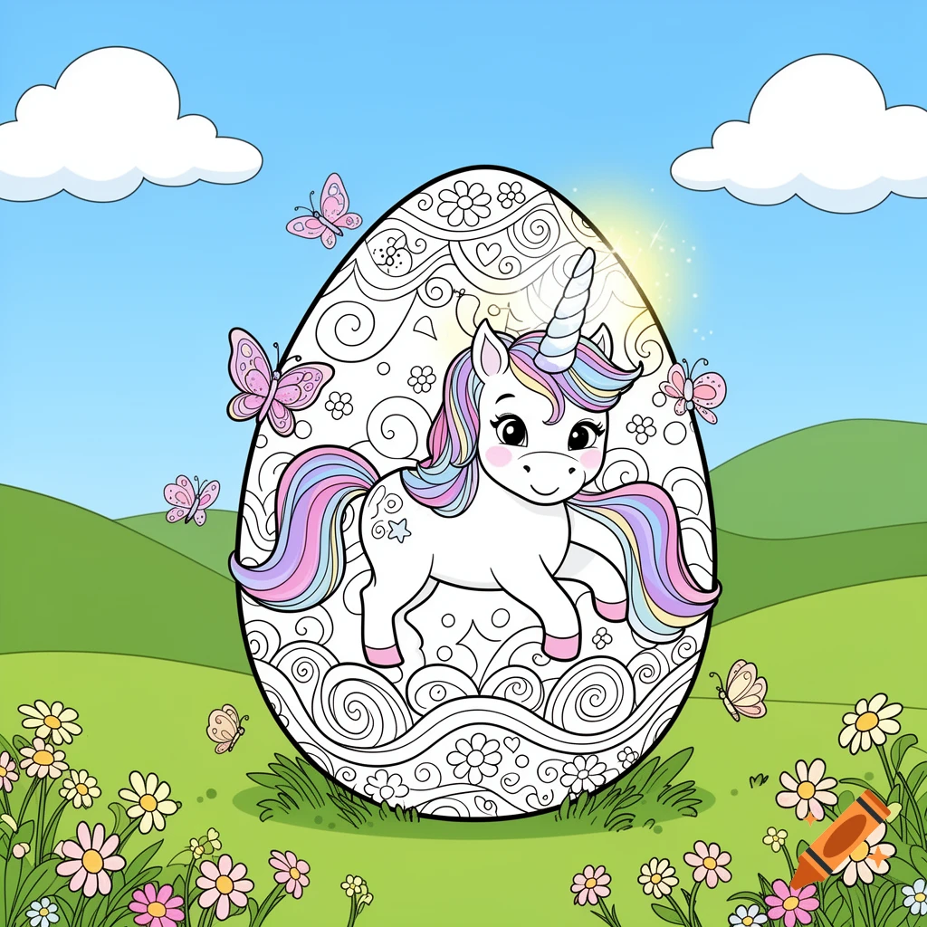 Coloring book style illustration of a rainbow unicorn inside a decorated Easter egg, surrounded by flowers and butterflies in a field.
