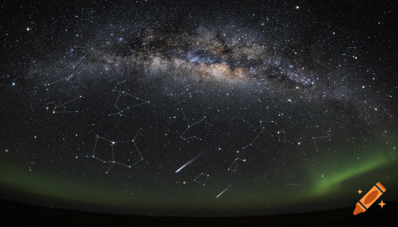 A wide-angle view of a starry night sky featuring the Milky Way, constellations, two comets, and a green aurora borealis.