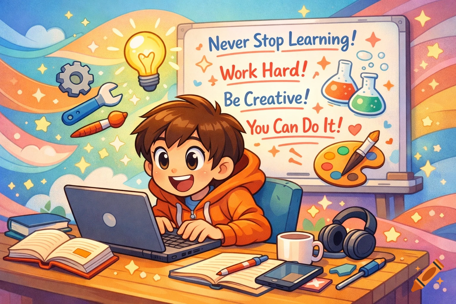 A happy cartoon boy works on a laptop at a desk with books, art supplies, and a motivational whiteboard that reads 'Never Stop Learning!'