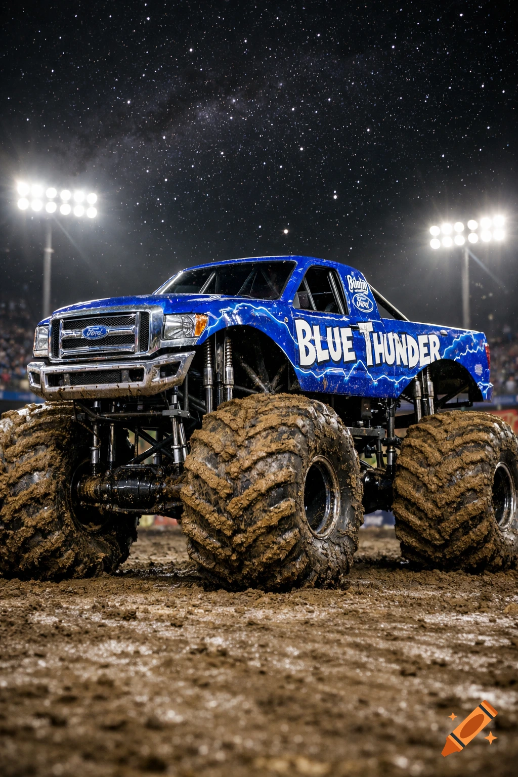 A blue Ford monster truck, "Blue Thunder", with muddy tires on a dirt track under stadium lights and a starry night sky.