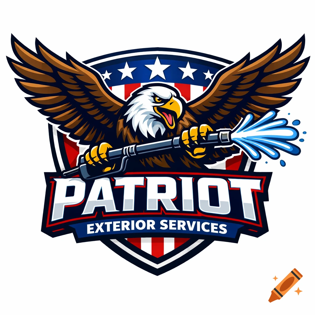 A professional vector mascot logo of an aggressive bald eagle with spread wings holding a pressure washing wand, set against a patriotic shield badge. Text reads "PATRIOT EXTERIOR SERVICES".