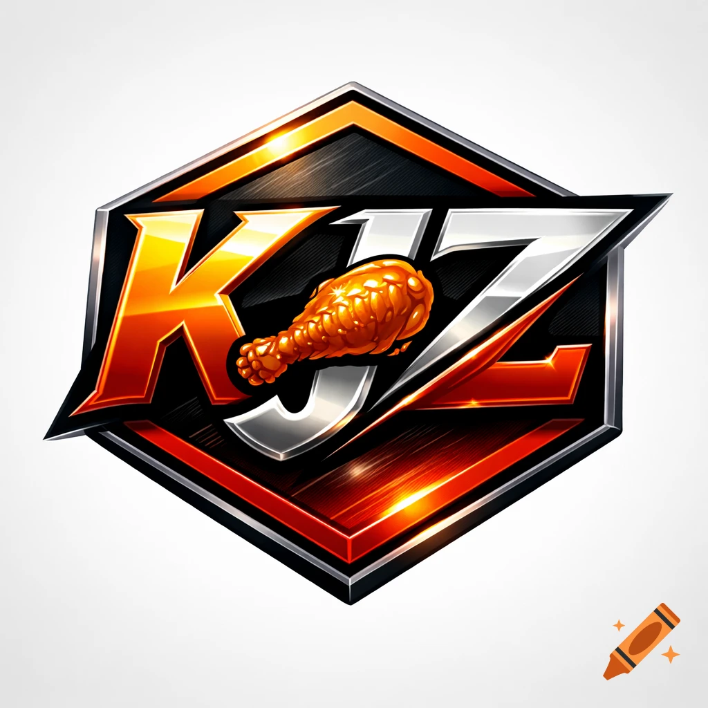 Metallic esports style hexagon logo with KJZ text, a chicken drumstick, and fiery orange-red gradient.