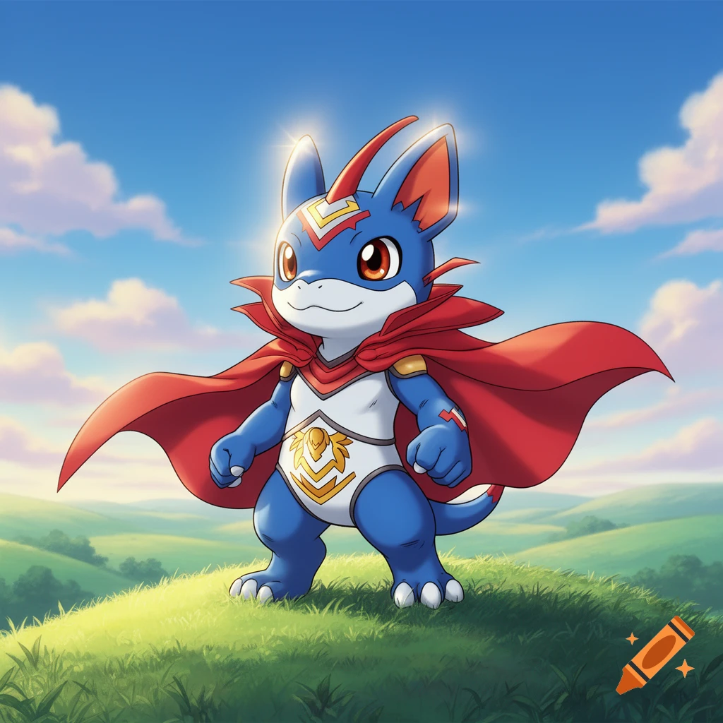 A cute blue Veemon Digimon superhero wearing a red cape and white costume stands on a grassy hill under a blue sky.