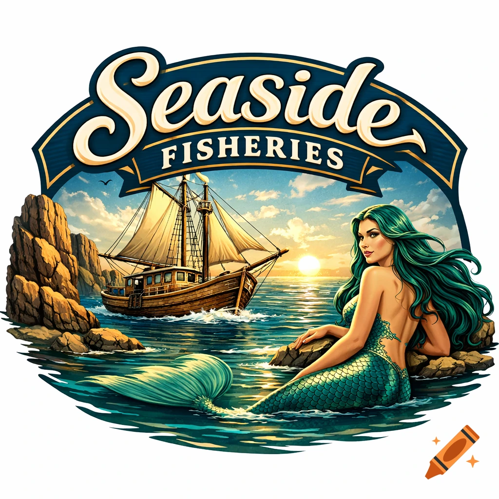 Illustrated logo of a green-haired mermaid by rocks watching a fishing boat at sunset, with 'Seaside Fisheries' text.