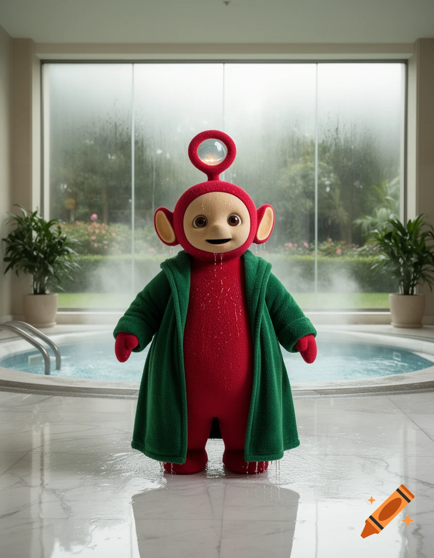 Photorealistic wet red Teletubby Po in a green bathrobe by a hot tub in a hotel spa.