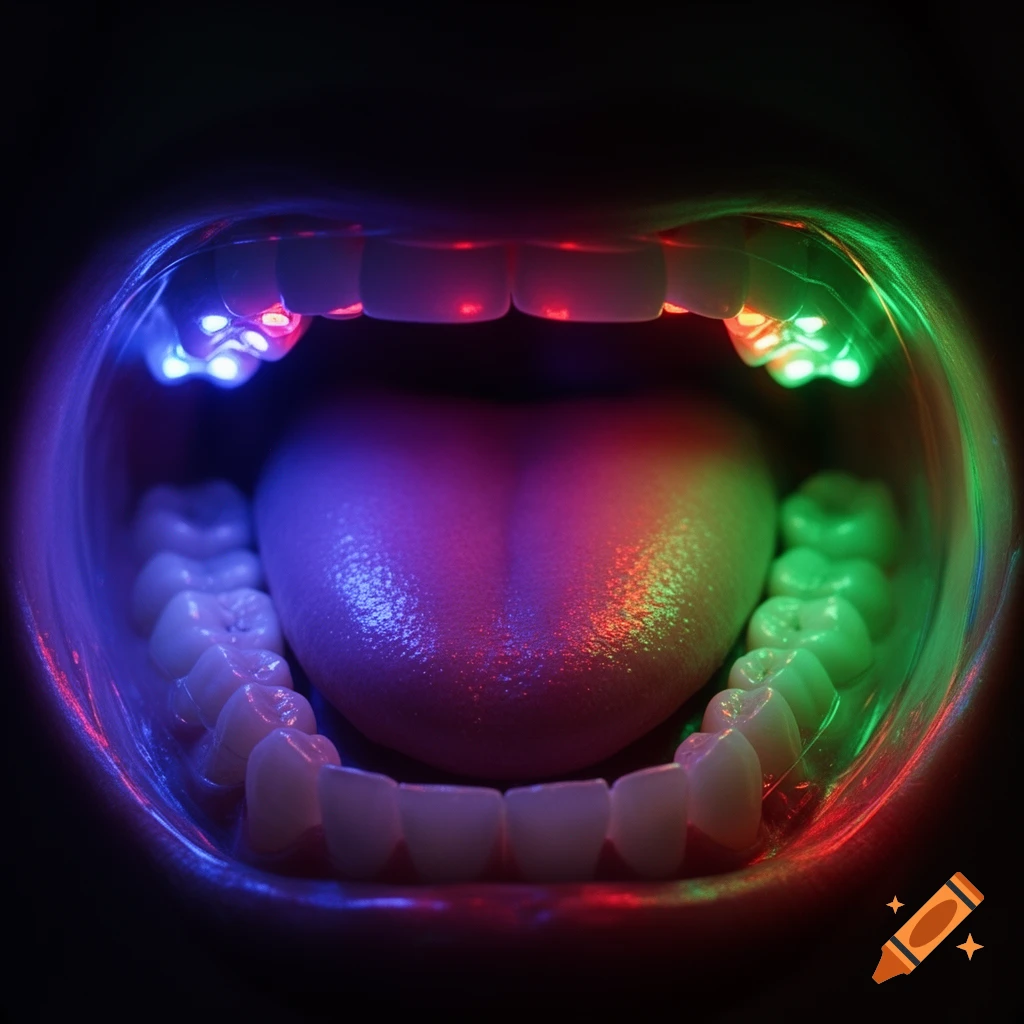 An open human mouth illuminated by red, green, and blue multispectral LED lights, highlighting the teeth and tongue against a dark background.