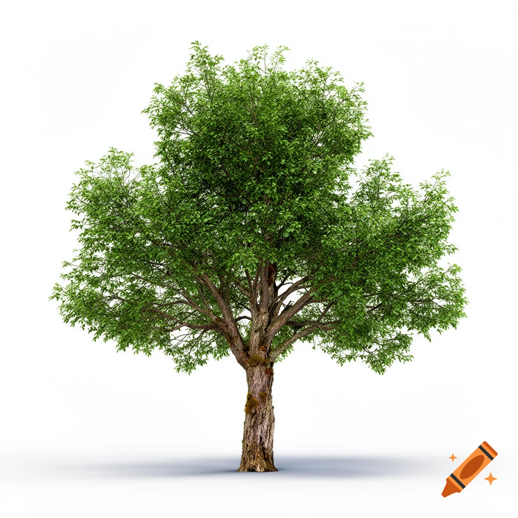 A lush green tree with a sturdy brown trunk and vibrant green leaves stands isolated on a plain white background.