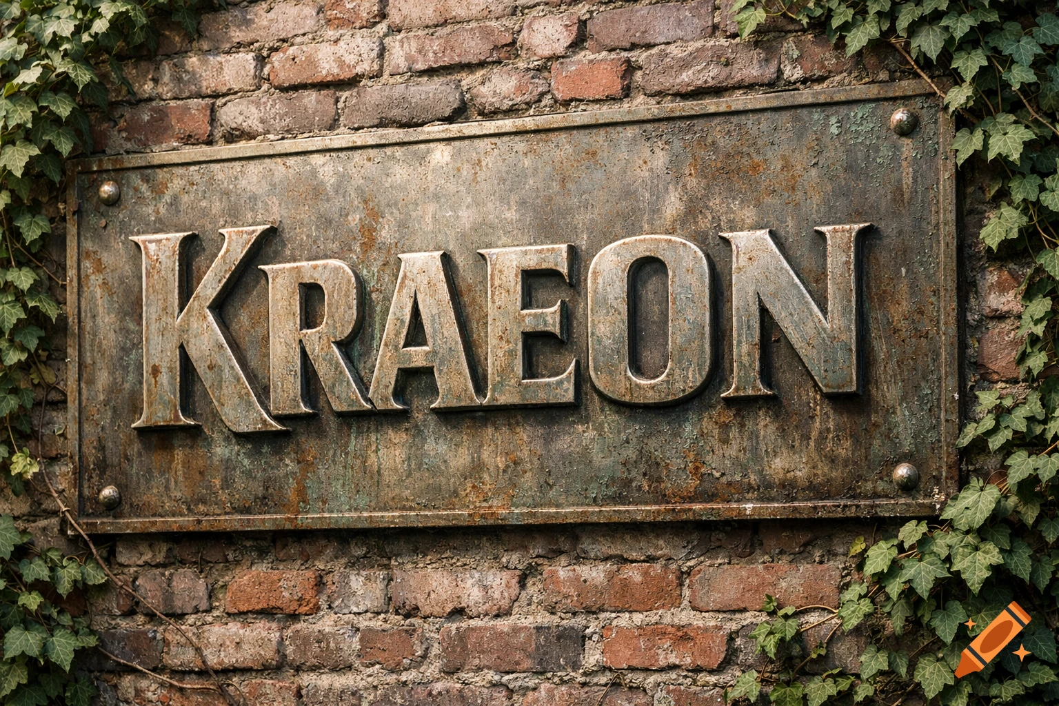 A close-up photorealistic image of a rusty metal sign with the embossed word "KRAEON" attached to a brick wall, partially covered in green ivy.