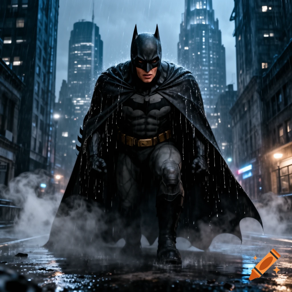 Batman crouches on a rainy city street at night, water dripping from his cape, with towering skyscrapers in the background.