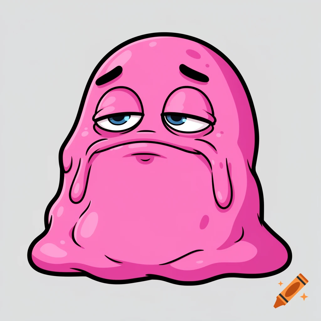 A silly, droopy pink cartoon blob with a tired expression and thick black outlines on a light gray background.