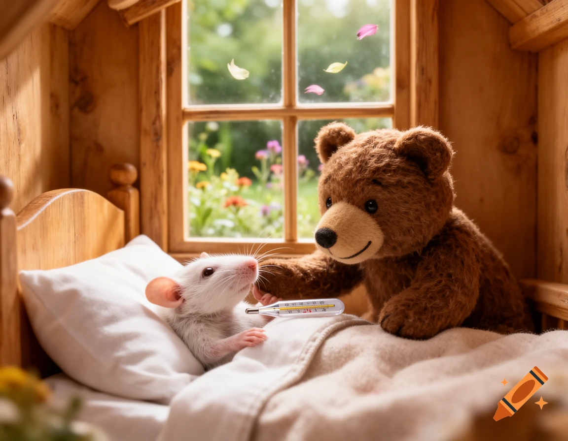 A teddy bear gently checks the temperature of a small white mouse lying sick in a wooden bed, with a window view of a garden.