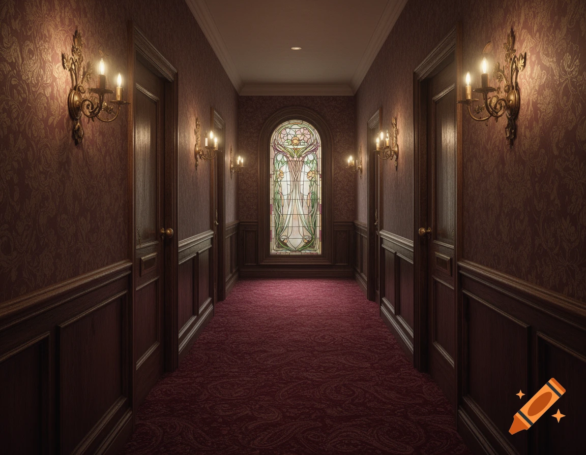 A long, ornate Victorian-style hotel hallway with red patterned wallpaper, dark wood paneling, brass wall sconces, and a large stained glass window at the end.