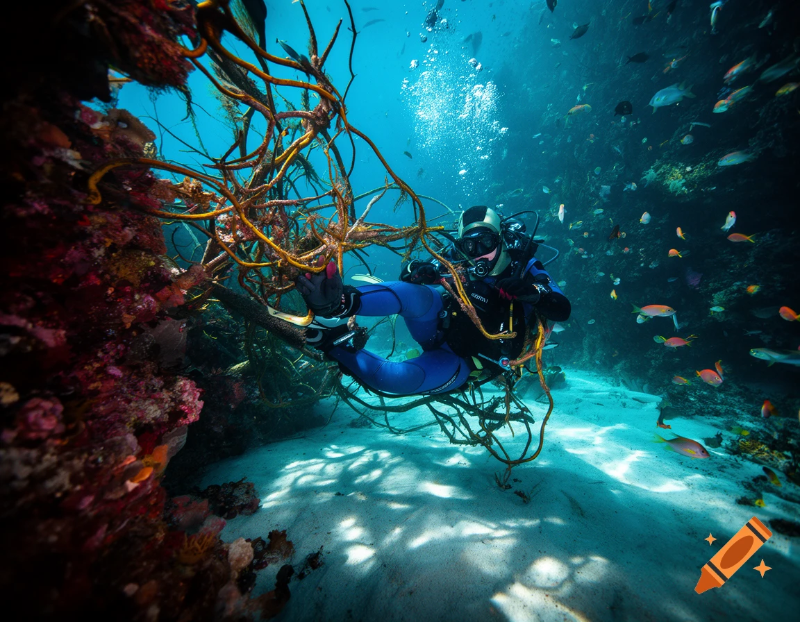 A diver in a blue wetsuit and black gear navigates through yellow vines near a vibrant coral reef, with colorful fish in clear blue water.