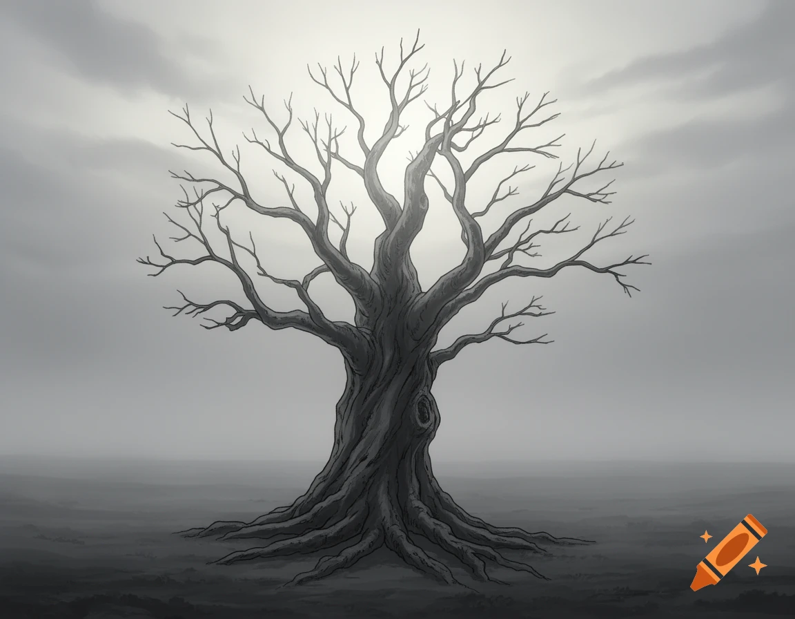 A black and white illustration of a gnarled, leafless tree standing alone in a misty landscape.
