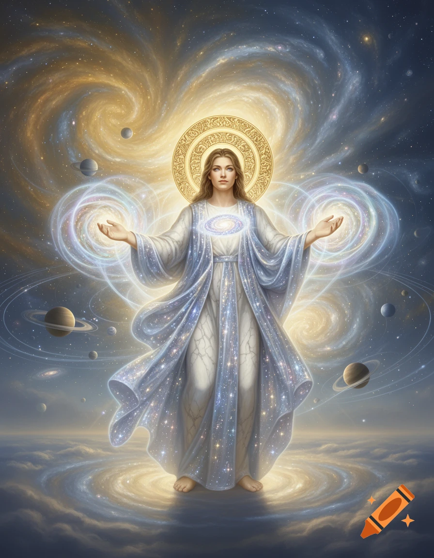 A majestic god-like figure in a sparkling robe, with outstretched arms and a golden halo, stands amidst swirling galaxies and planets.