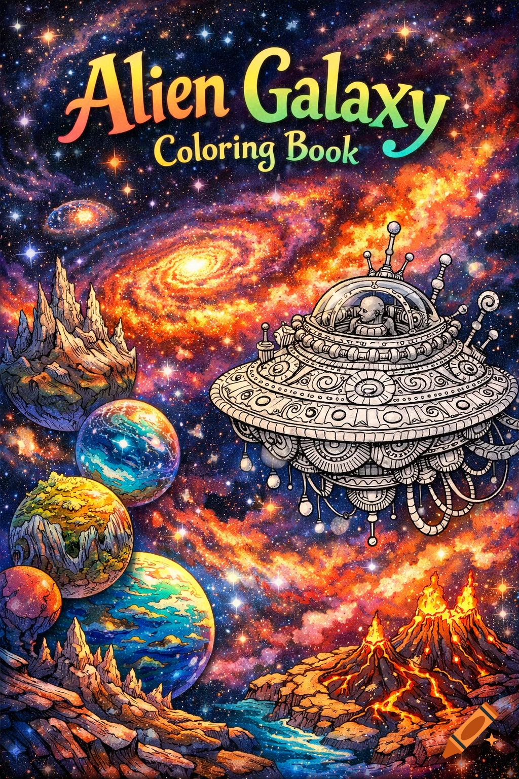 Colorful 'Alien Galaxy Coloring Book' cover with nebulae, stars, planets, alien landforms, and a detailed line art UFO.