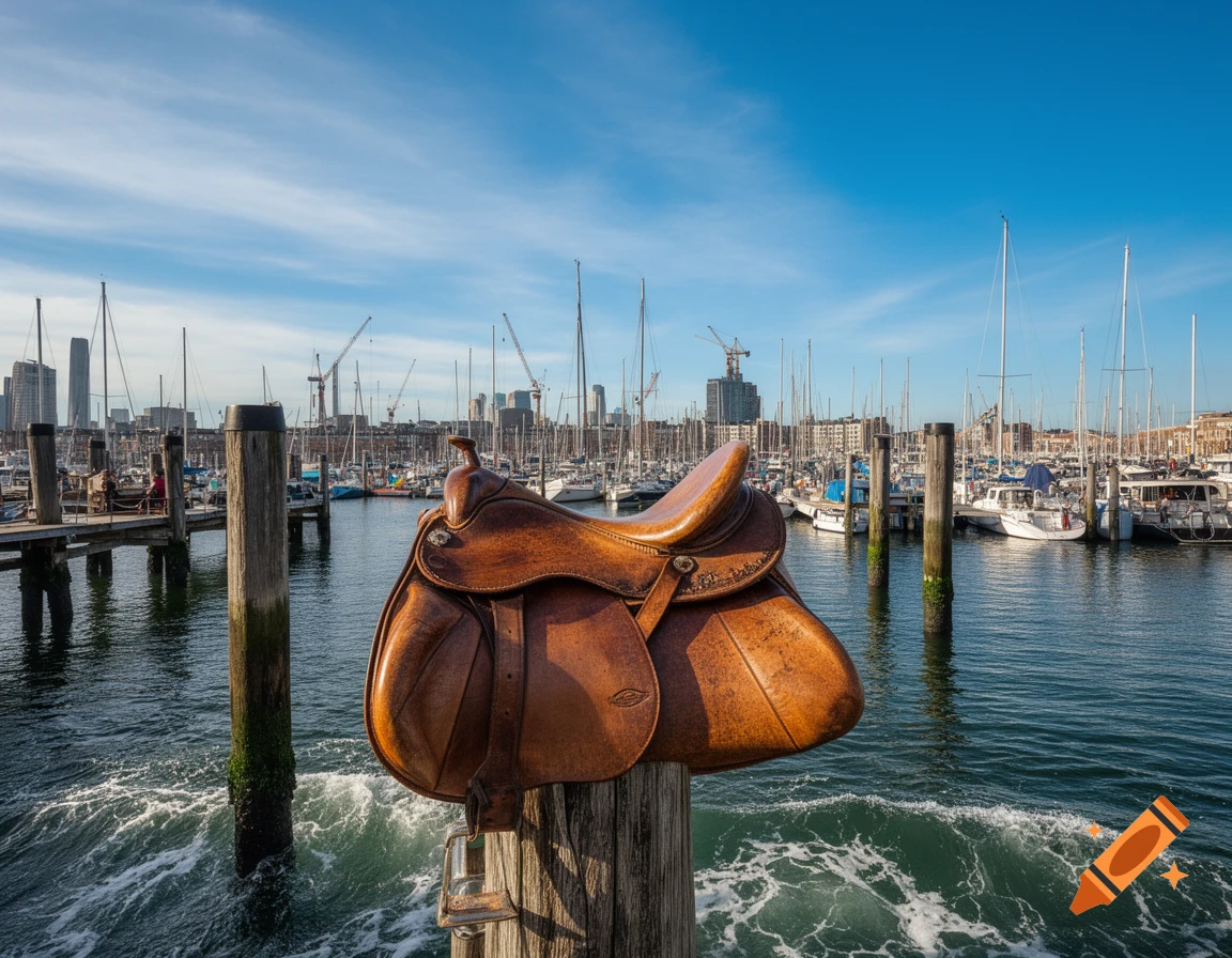 A brown leather saddle sits on a wooden pier post in a sunny harbor, with many sailboats and a city skyline in the background.