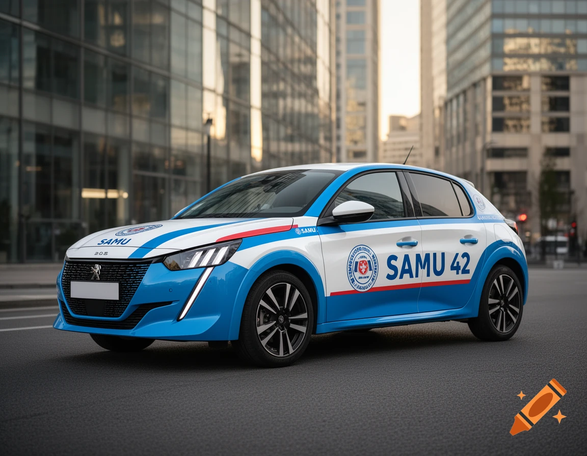 A blue and white Peugeot 208 emergency vehicle, marked 'SAMU 42', parked on a city street with modern buildings.