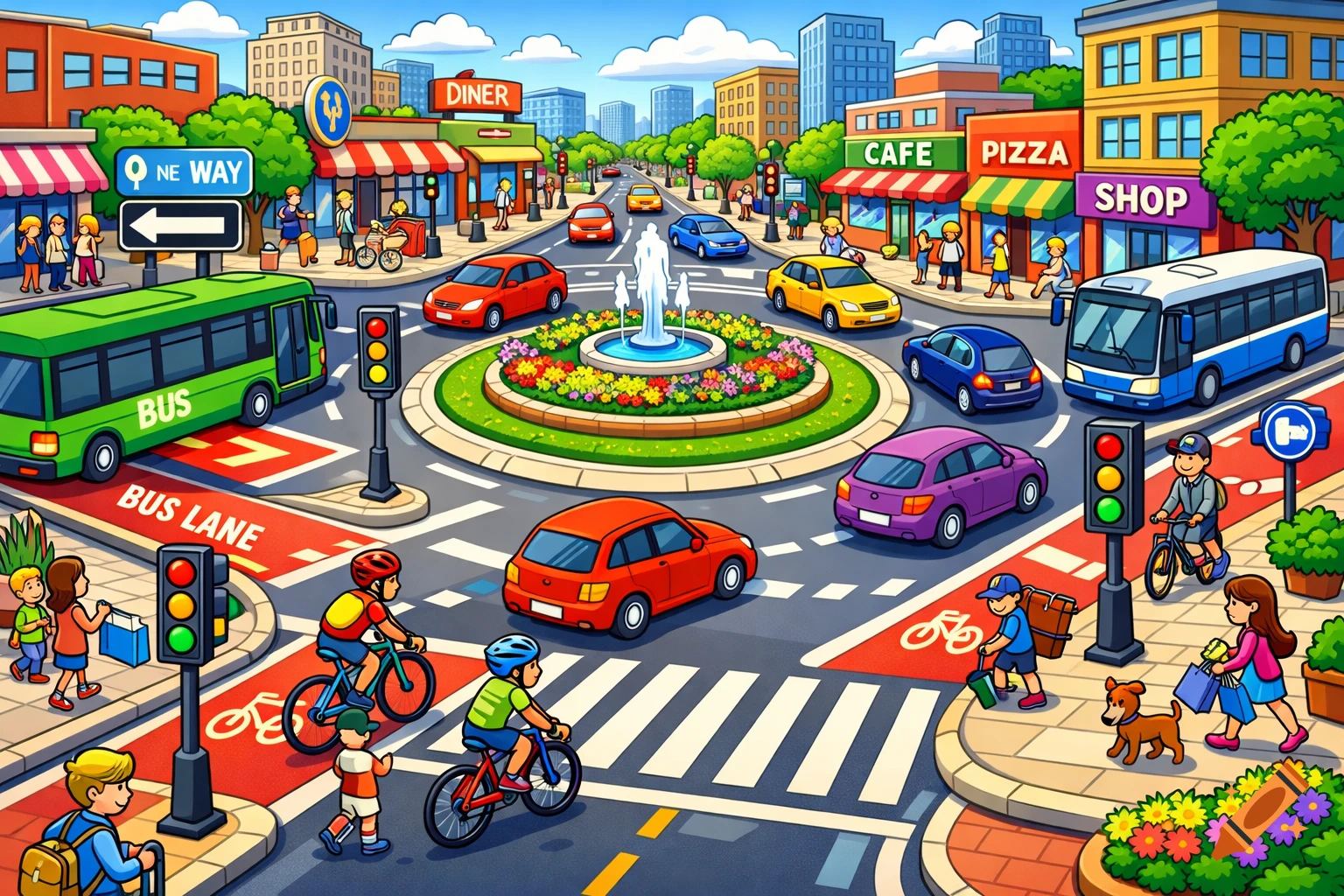 A vibrant cartoon cityscape showing a busy intersection with cars, buses, cyclists, pedestrians, shops, and a central roundabout with a fountain.