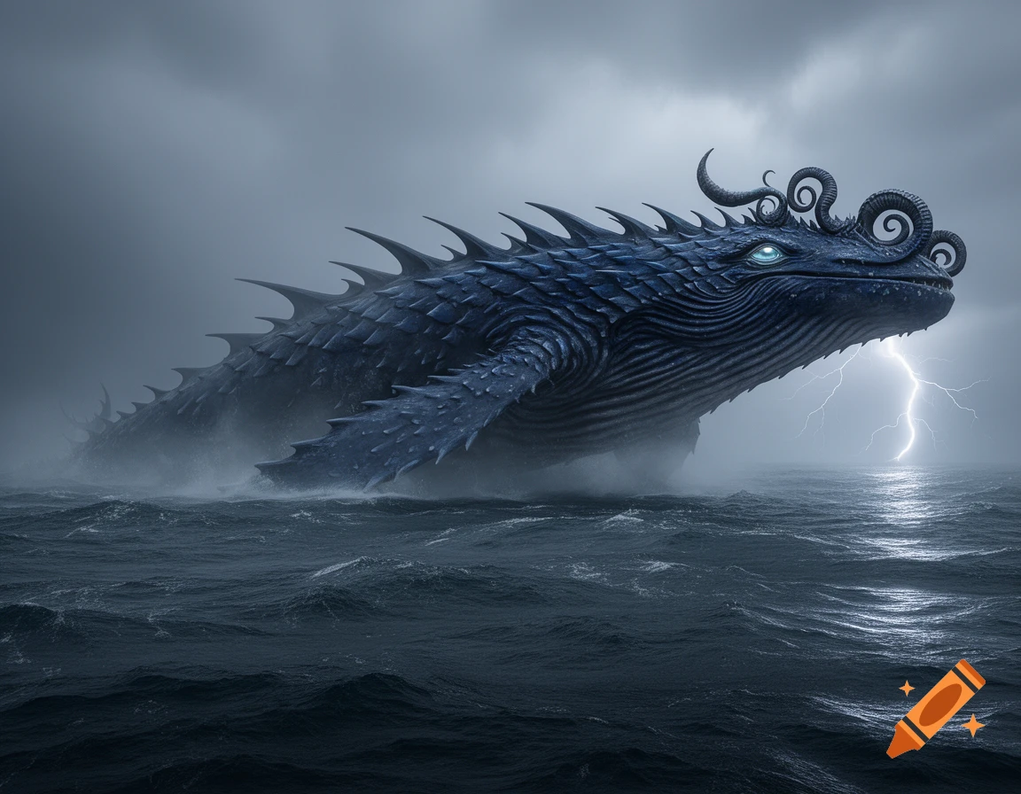 A massive, dark blue, spiky leviathan with glowing eyes and horns rises from a stormy, dark ocean with lightning.