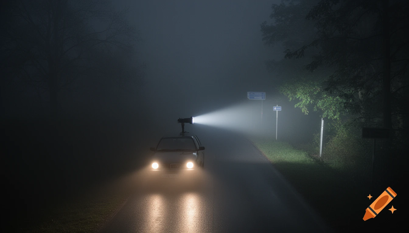A car with a roof-mounted searchlight drives down a foggy road at night, illuminating a parallel side road.