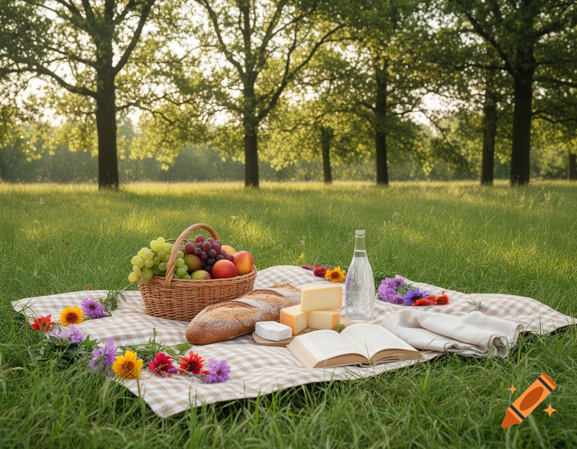 A picnic blanket spread on green grass in a park, laden with a fruit basket, bread, cheese, a bottle of water, an open book, and colorful flowers.