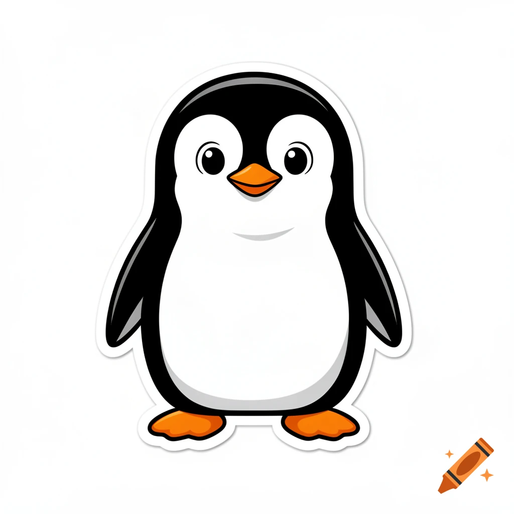 A simple, cute cartoon penguin with a white belly, black back, orange beak, and feet, depicted as a sticker with a white border.