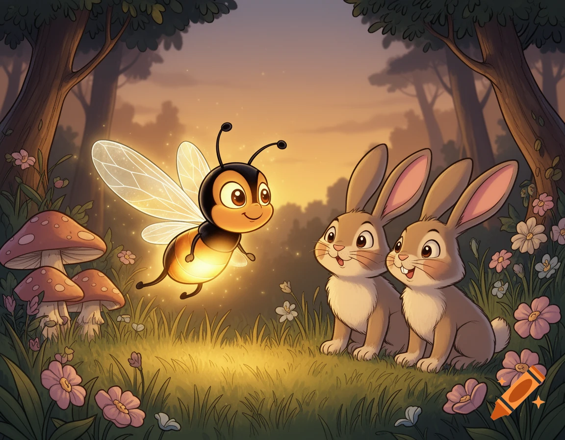 A cute firefly glows brightly as two rabbits sit in a magical forest clearing filled with mushrooms and flowers, in a cartoon style.