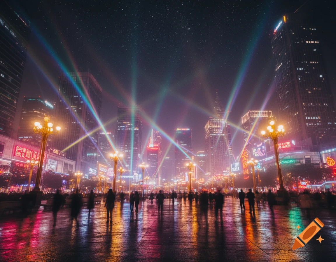 A vibrant night cityscape with blurred pedestrians on a wet street, illuminated by colorful light beams and bright building signs under a star-filled sky.