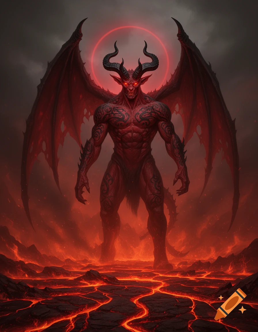 A powerful red demon with large wings, horns, and glowing red eyes stands in a fiery, lava-filled landscape under a dark sky, with a red halo.