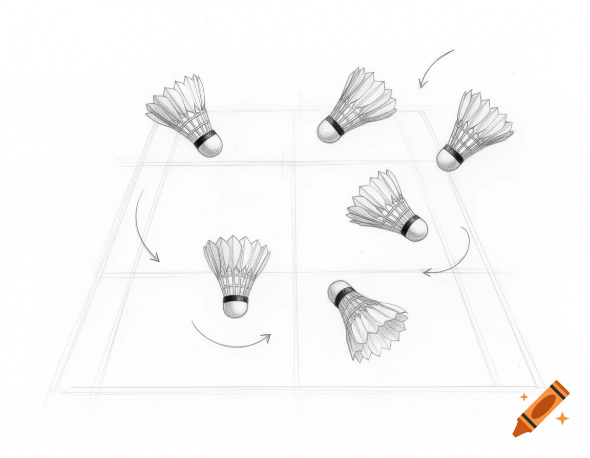 A hand-drawn sketch of multiple badminton shuttlecocks and court lines with arrows, resembling a sports planning board.