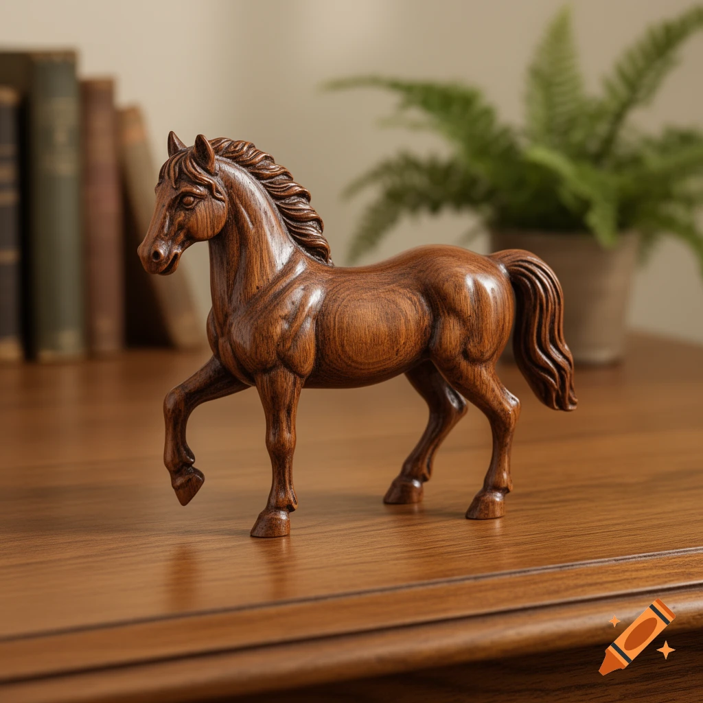 A detailed carved wooden horse figurine stands on a polished wooden surface, with books and a plant in the blurred background.