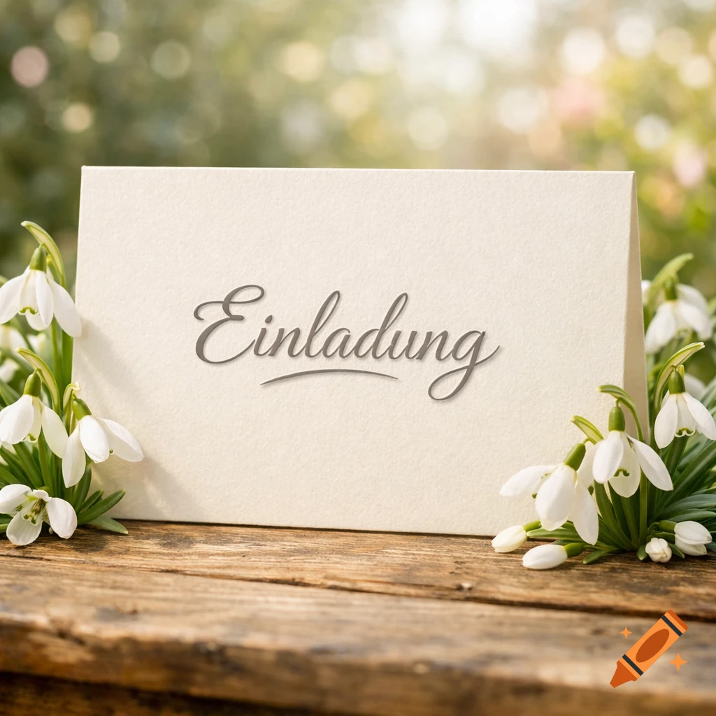 An invitation card with "Einladung" written on it, surrounded by white snowdrop flowers on a rustic wooden table, with a bokeh background.