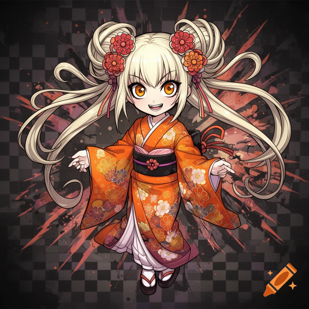 A chibi anime girl with blonde hair in pigtails and red floral decorations wears an orange kimono, smiling against a dark, checkered background with red splatters.
