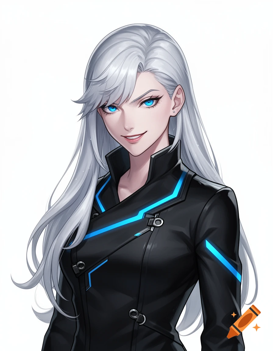 Anime portrait of a smirking woman with long white hair and bright blue eyes, wearing a black jacket with blue glowing accents.