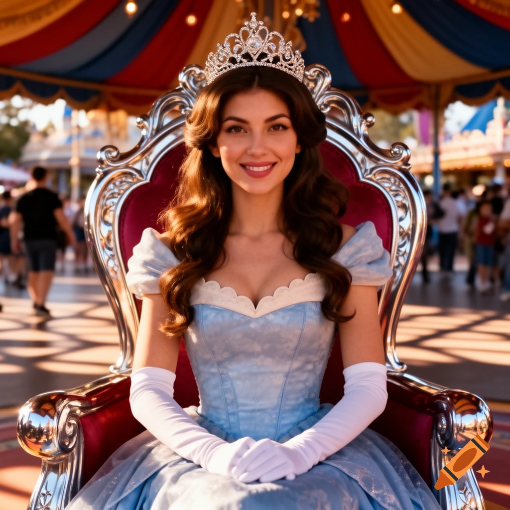 Smiling woman in a blue princess gown and tiara sits on a throne at a sunny amusement park.
