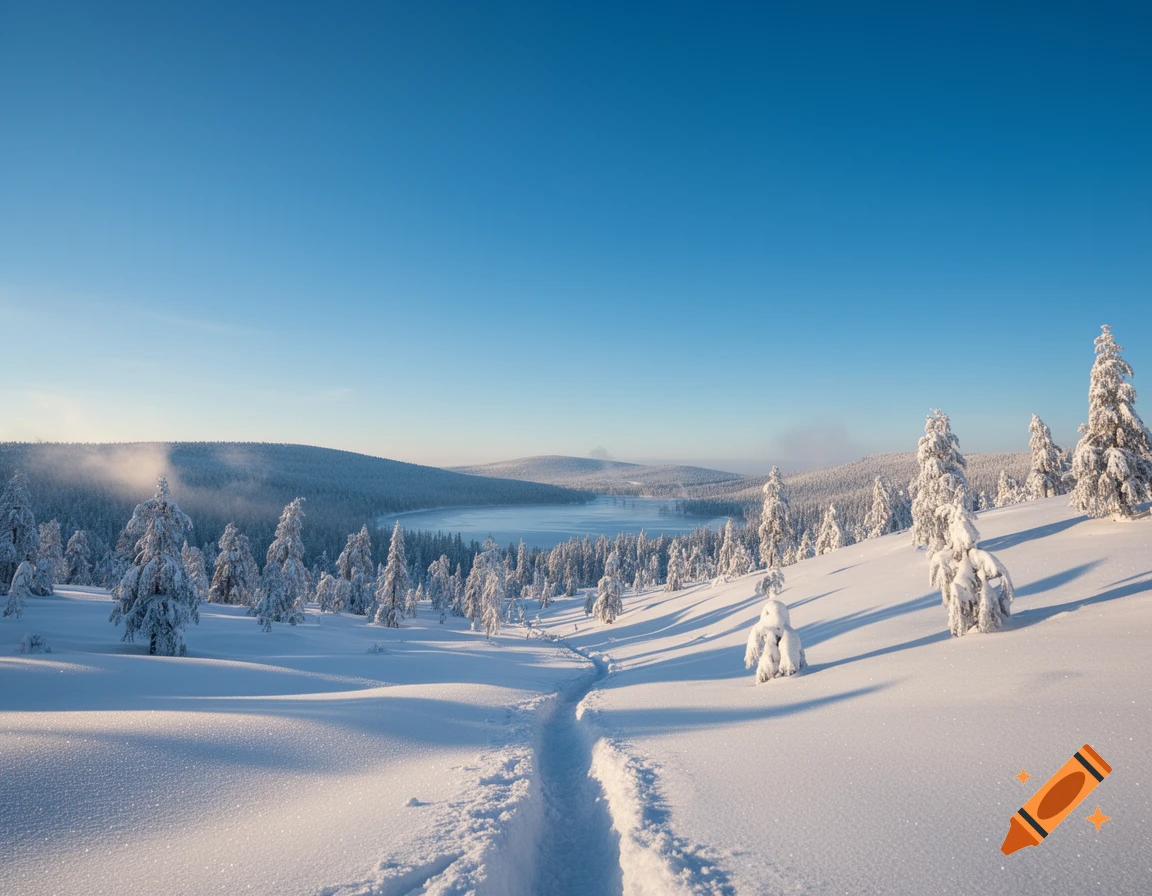 A serene winter landscape with snow-covered trees, a frozen lake, and a ...