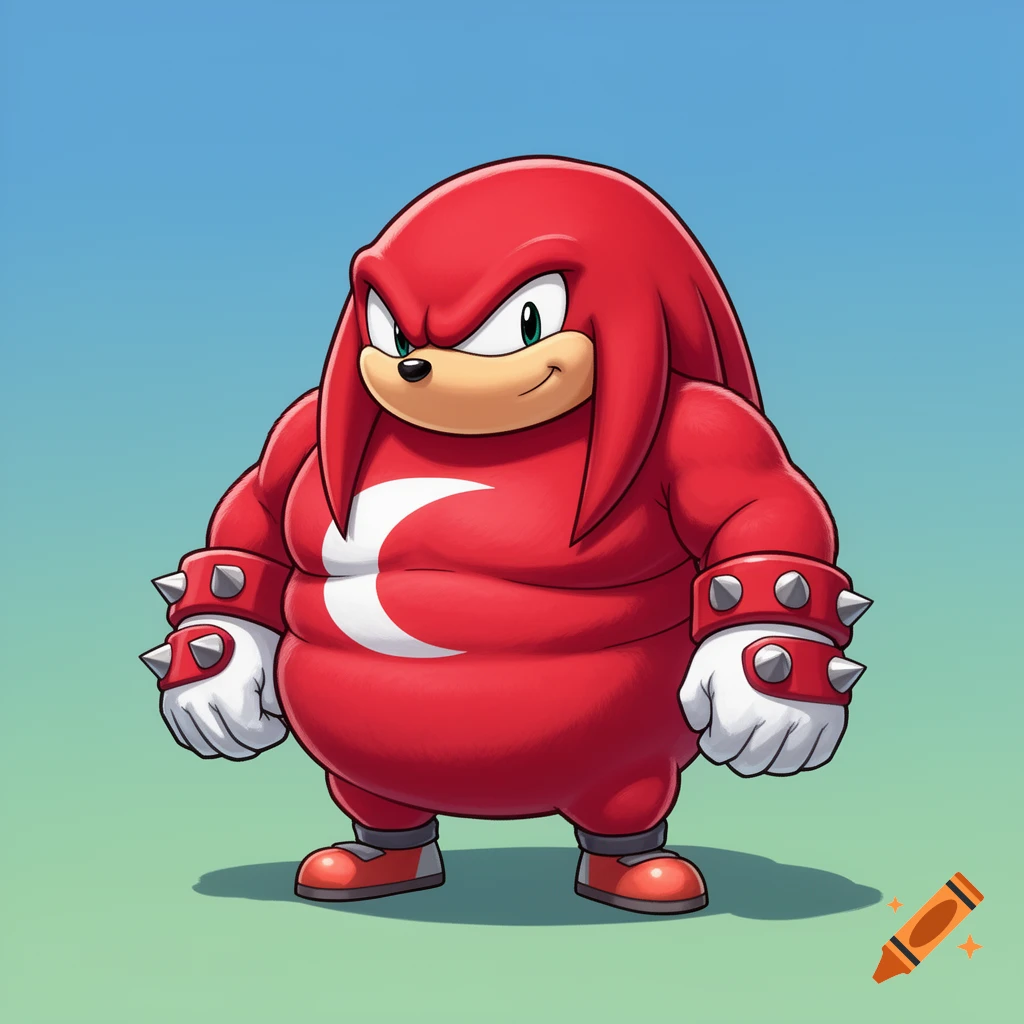 A cartoon illustration of an overweight red echidna, Knuckles, wearing white gloves with spiked cuffs and red shoes, standing on a gradient background.