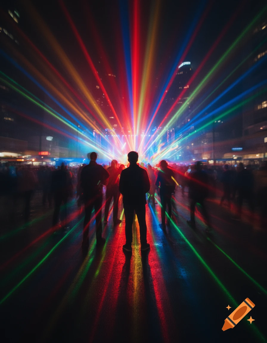Silhouettes of people stand in a street illuminated by vibrant red, blue, and green light beams stretching into the night sky.