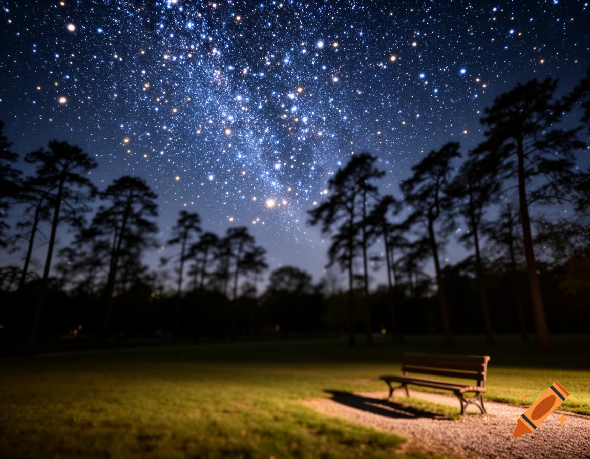 A vibrant starry night sky over a park with silhouetted trees and a bench on a path in the foreground.