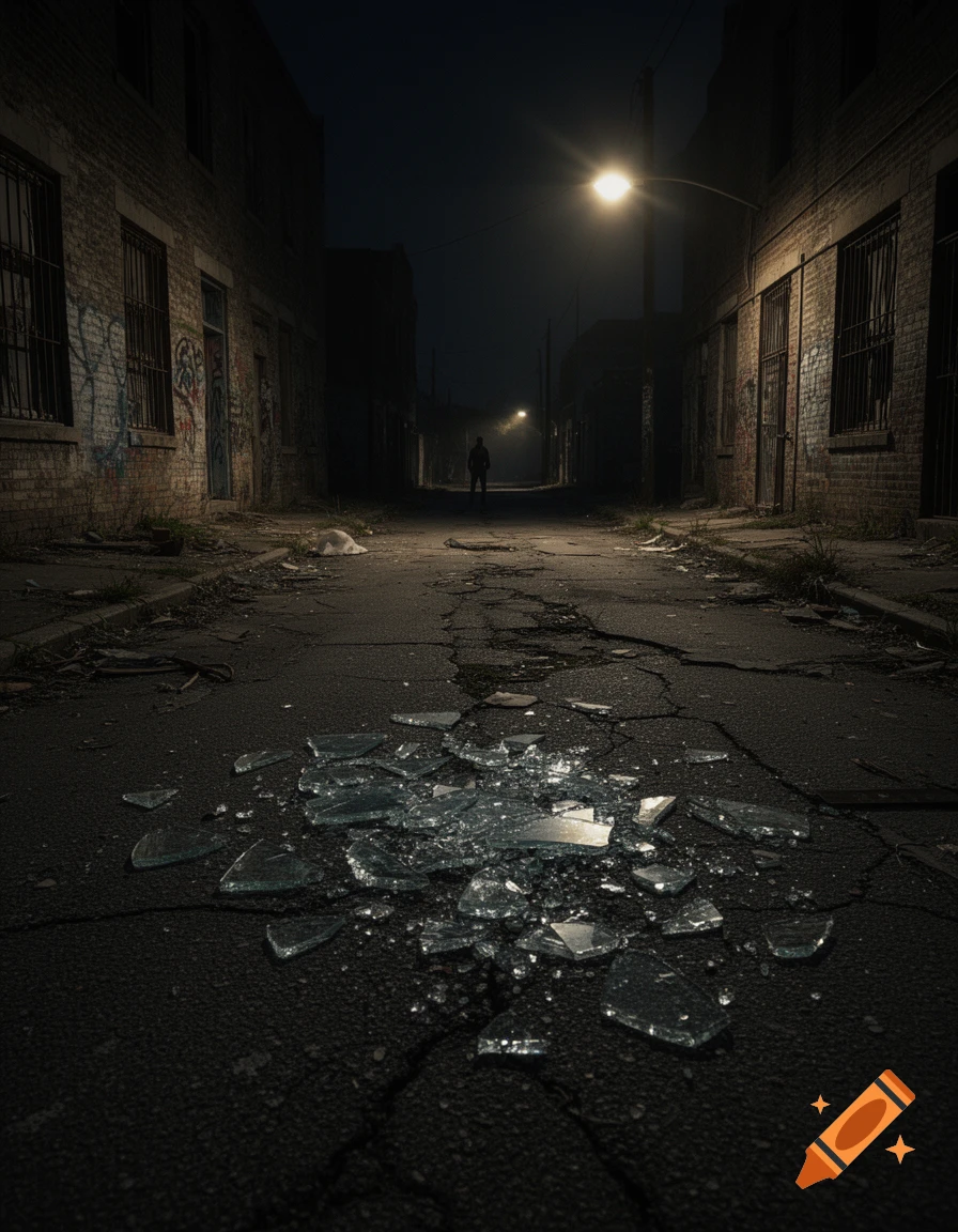 Photorealistic image of a dark, cracked urban alley with shattered glass in the foreground and a lone figure under a streetlamp.