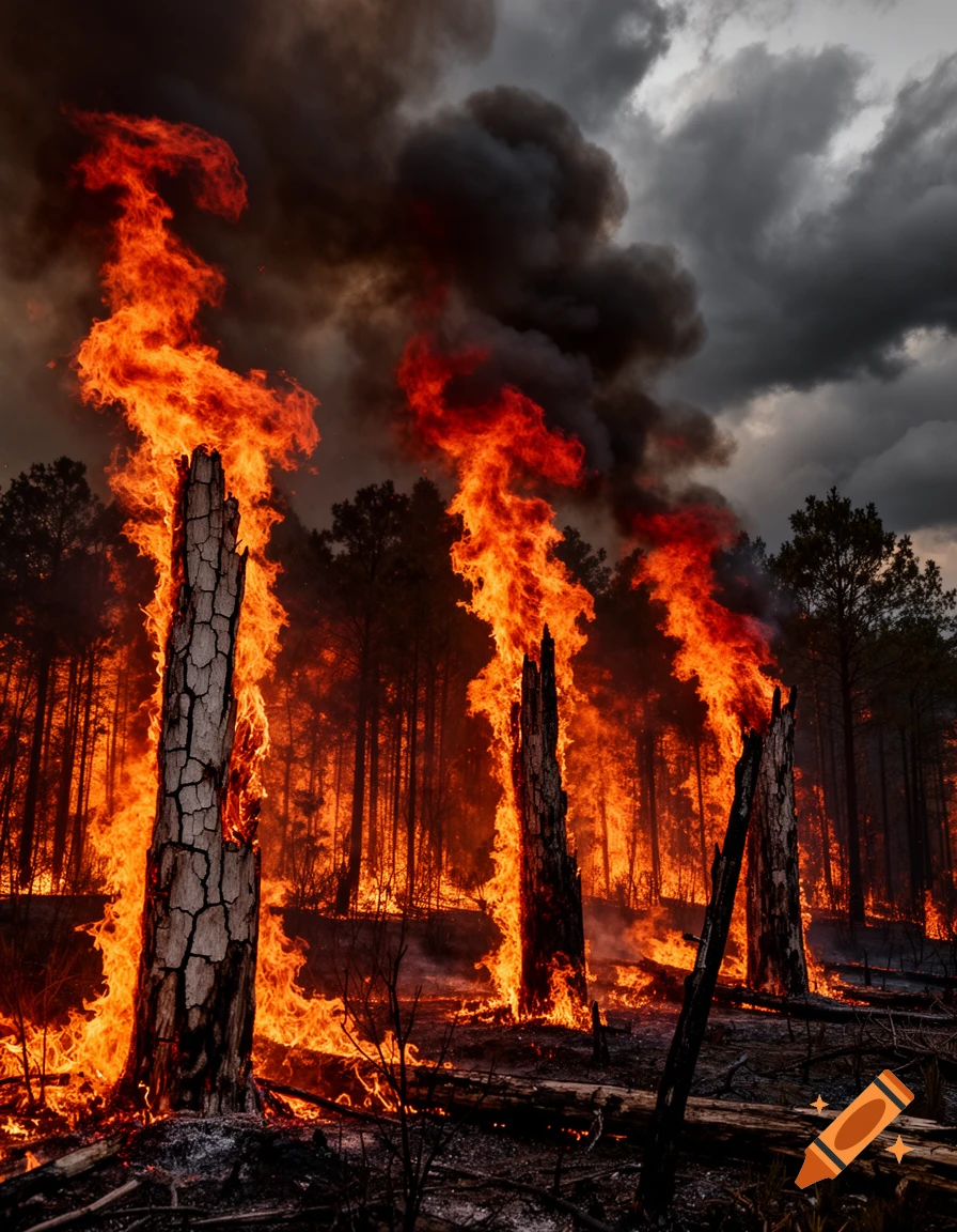 A photorealistic image of a forest fire with bright orange flames consuming trees and thick black smoke rising into a dark, cloudy sky.
