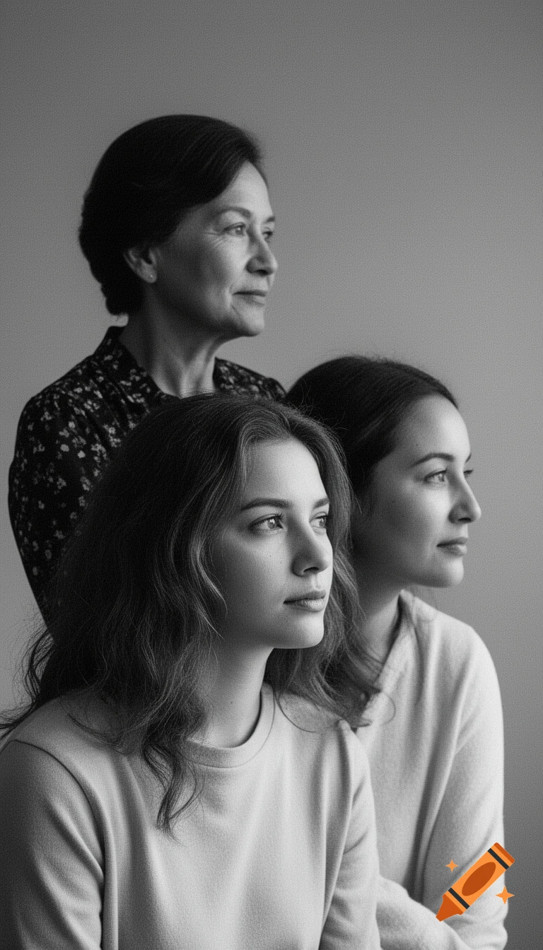 Black and white portrait of three women looking right, with an older woman behind two younger women, conveying a calm, intimate connection.